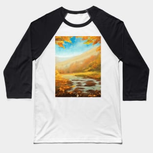 Romantic autumn landscape with a river surrounded by leaves from trees Baseball T-Shirt